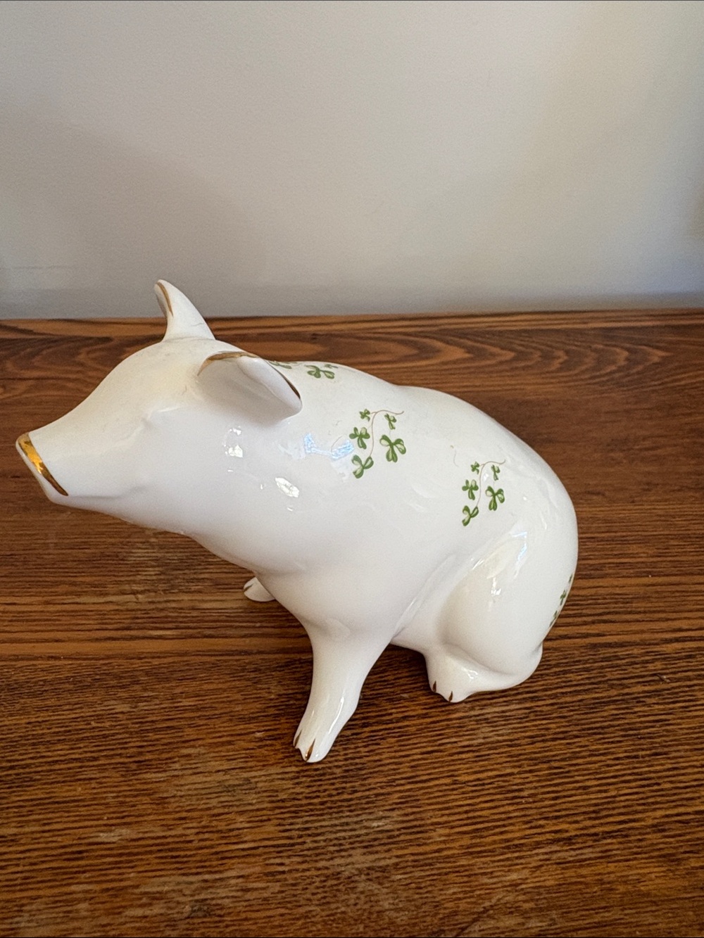 Royal Tara White Ceramic Pig Figurine with Green Clover Motif